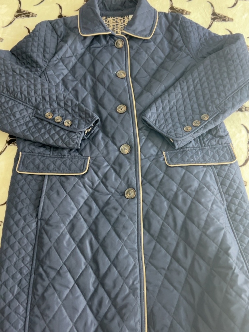 Chico’s Blue Quilted Long Coat Jacket Size 2 (12/14) Contrast Trim